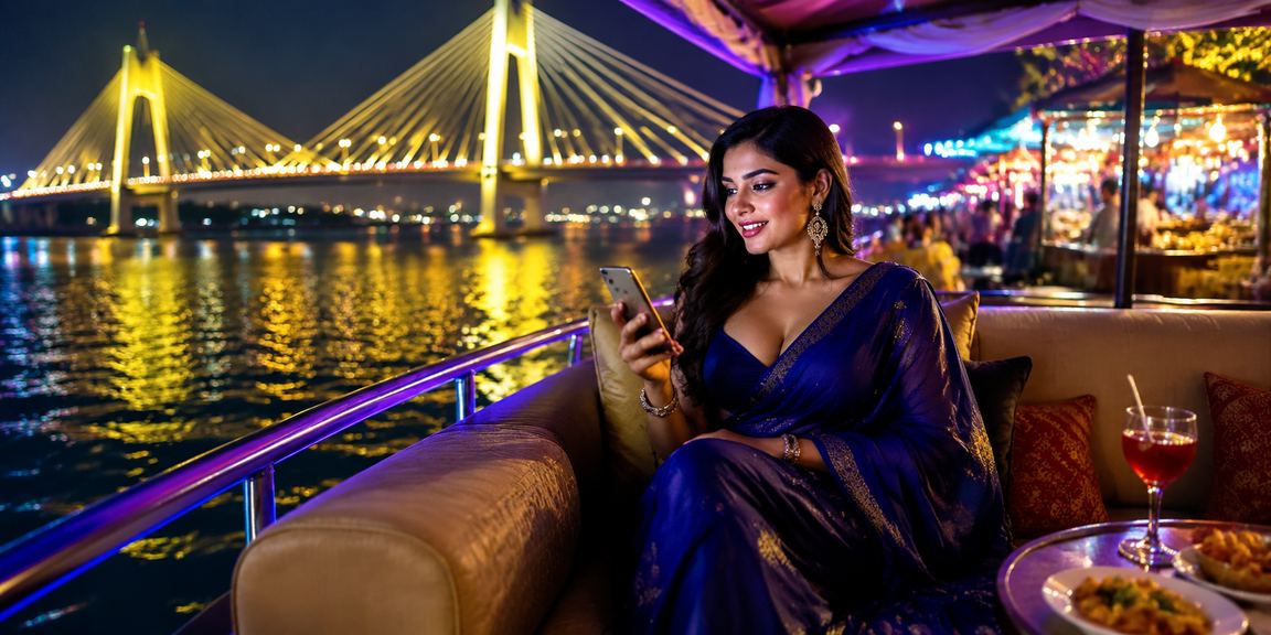 বরিশালের নদীর তীরে একজন তরুণ সন্ধ্যায় মোবাইলে ccv6 প্ল্যাটফর্ম ব্যবহার করছেন
